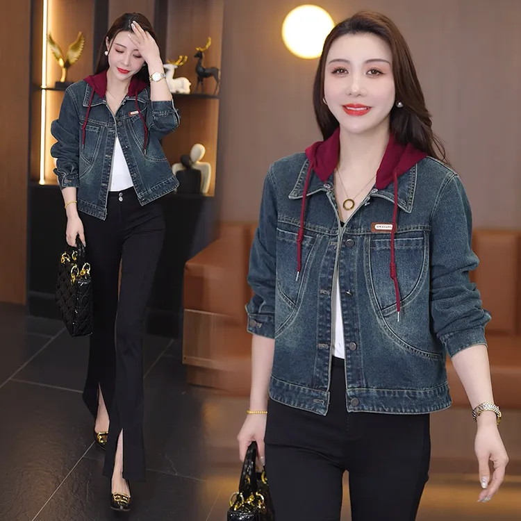 拉夏贝尔2025女春秋新款流行洋气牛仔短外套连帽轻松休闲夹克上衣