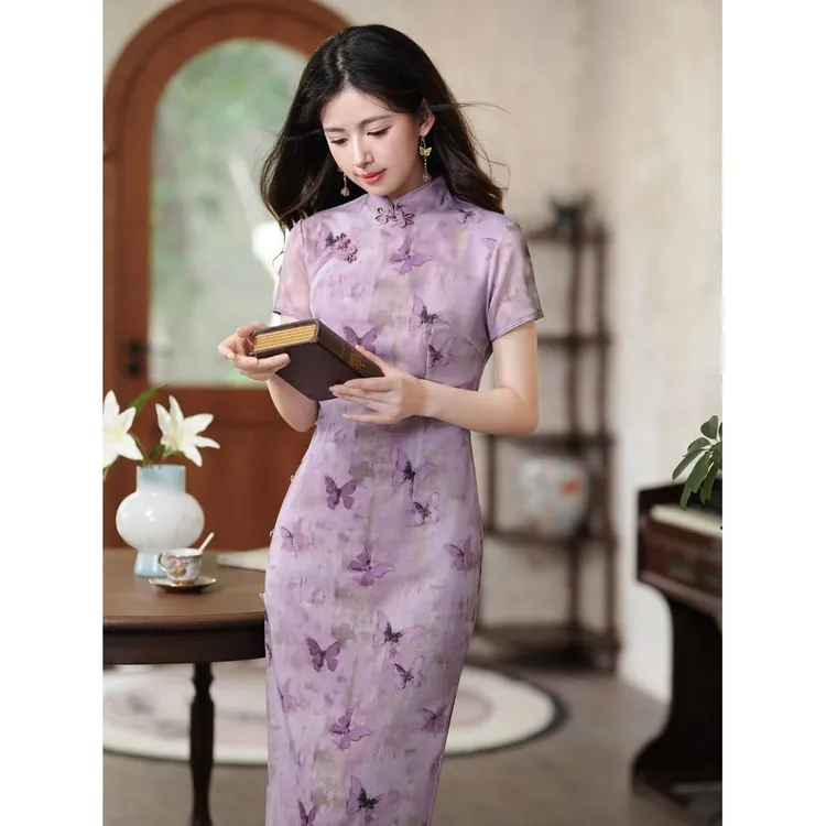 年轻款绝美瑞士网紫色蝴蝶长款旗袍2025年夏季新款日常可穿新中式