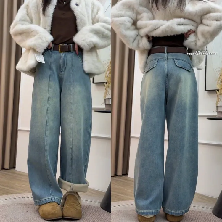 时尚百搭弯刀水洗牛仔裤子2025年冬季新款加绒显瘦窄版阔腿裤子