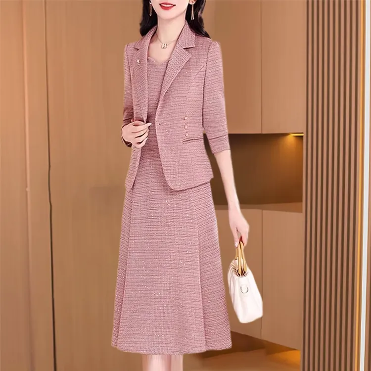 【拉夏】粉色时尚减龄套装连衣裙2025早秋季新款喜婆婆婚宴装两件套