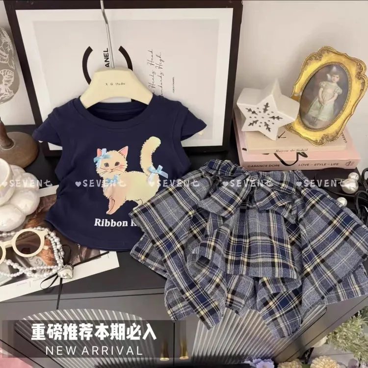 女童夏季套装2025中大童夏季薄款针织短袖T恤时髦格子裙裤两件套