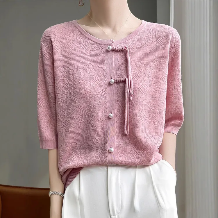 春秋新款中式国风天丝短款桑蚕丝混纺针织开衫女款盘扣半袖洋气