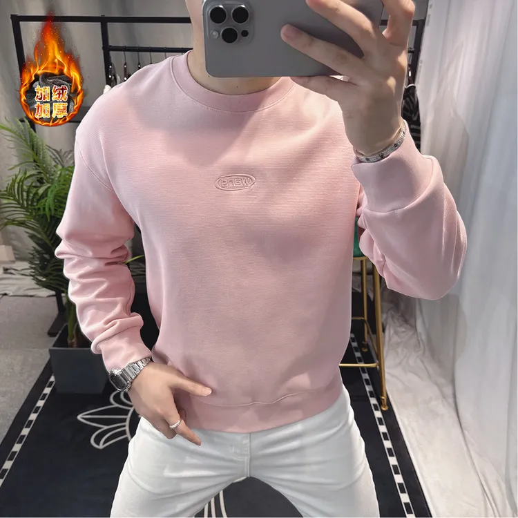 欧货男士圆领长袖粉色卫衣加绒加厚保暖刺绣宽松上衣休闲欧货男装