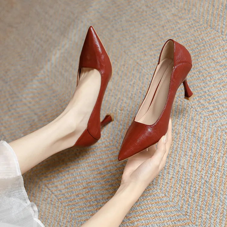 羊皮红色气质高跟鞋女2025年新款春秋尖头浅口细跟职业工作单鞋女
