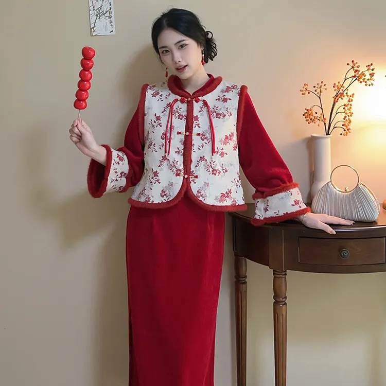 喜乐【自制款】加绒版~新中式红色订婚喜庆回门旗袍裙+马甲套装冬