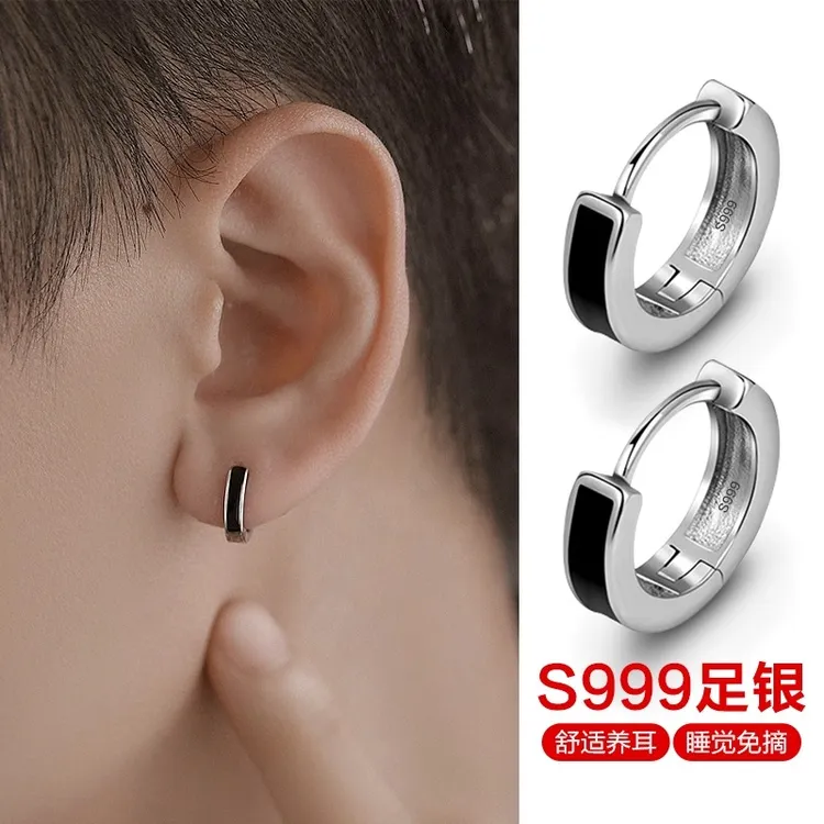 925银耳饰 男士耳钉纯银中性黑色气质时尚简约耳环耳圈耳饰酷帅