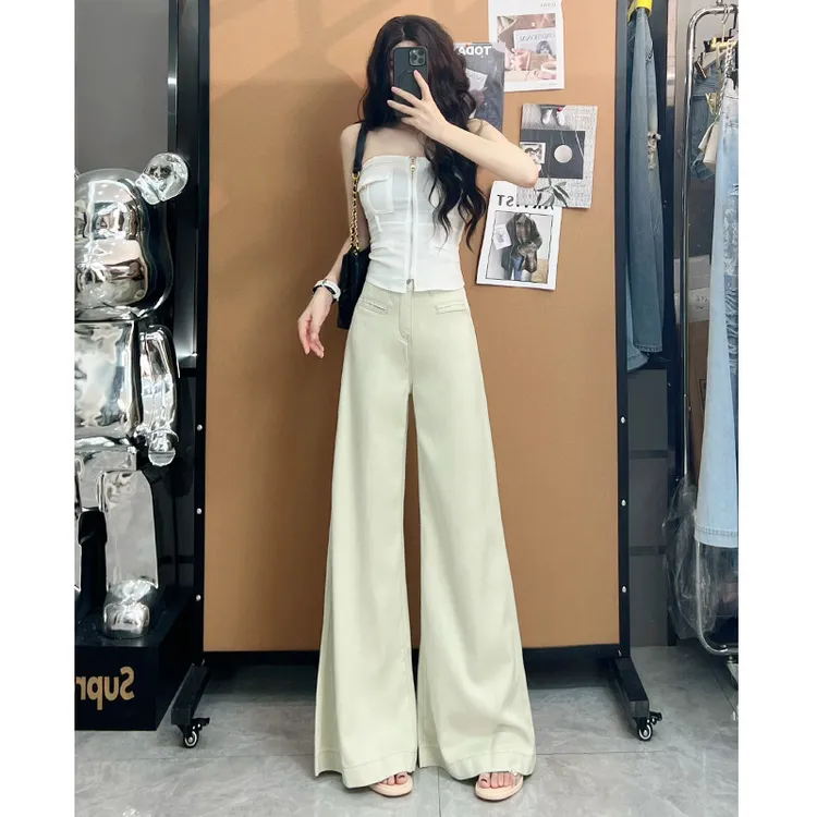 喜绚茶绿色莱赛尔天丝阔腿牛仔裤女夏季薄款2025年新款潮流直筒裤
