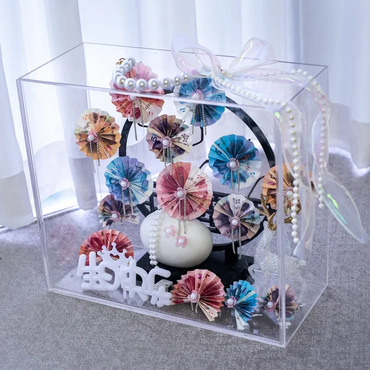 新款国风圆扇发财树有钱花亚克力盒手工材料情人节生日送女友礼物