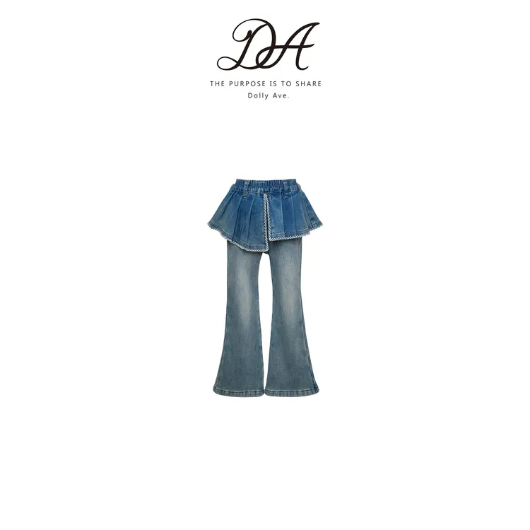 Dolly Ave 花边牛仔 时尚假两件蕾丝花边女童秋冬加绒牛仔裤