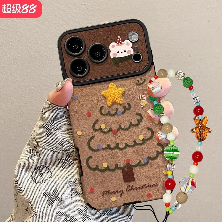 星星圣诞树适用苹果17手机壳新款华为vivo小米15OPPO大视窗翻毛皮