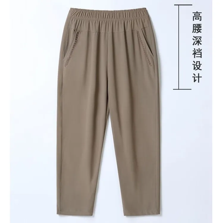 夏季九分裤凉感冰丝休闲高腰阔腿裤中老年裤子宽松直筒裤薄款女裤