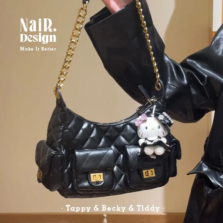 古莉奈尔黑色链条机车通勤秋冬新款小众高级感菱格纹单肩斜跨包