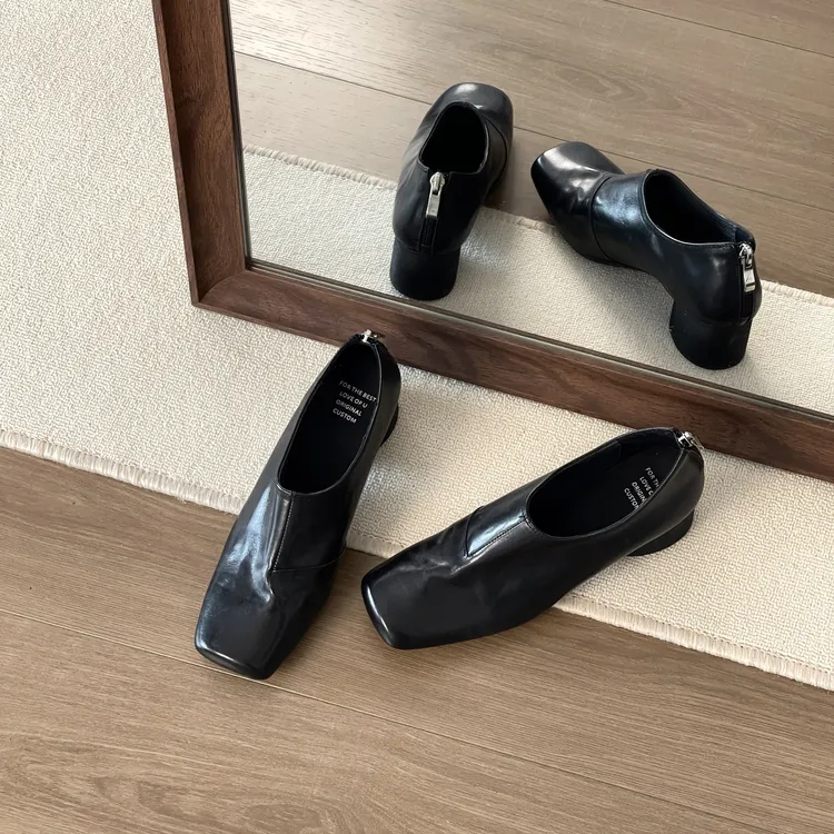 HUSSLOVE 头层牛皮·跟高4.5CM·韩版简约一脚蹬法式单鞋粗跟女鞋