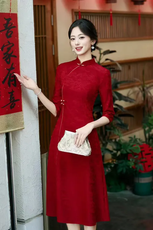 【龙凤呈祥】中国风秋季红色优雅旗袍裙气质修身显瘦复古中长款A16