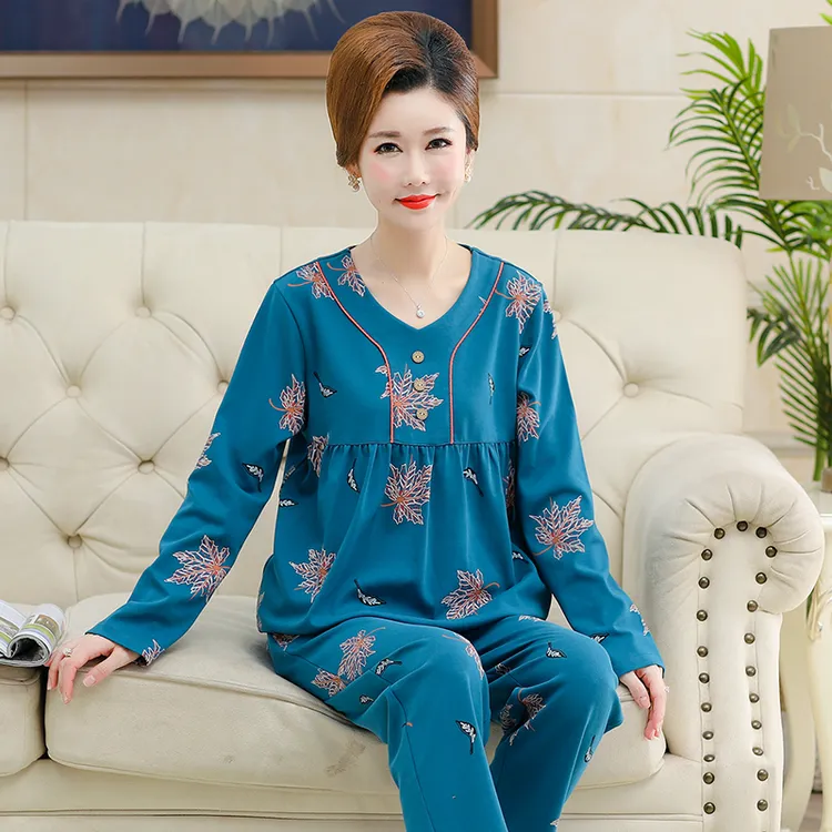 带胸垫睡衣女中年妈妈秋冬季纯棉长袖套头大码中老年可外穿家居服
