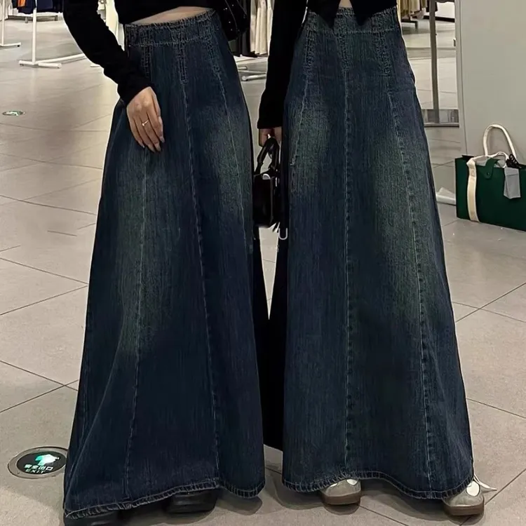 复古显瘦高腰A字半身裙女春季设计感小众拼接牛仔裙洋气减龄长裙