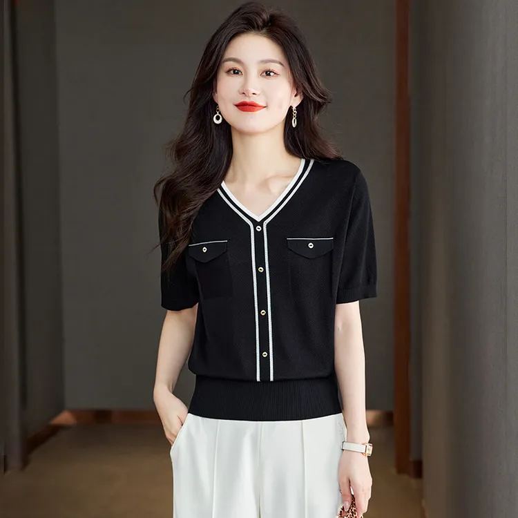 高级感天丝短袖v领t恤女士夏季女装爆款宽松大码显瘦遮肚子上衣