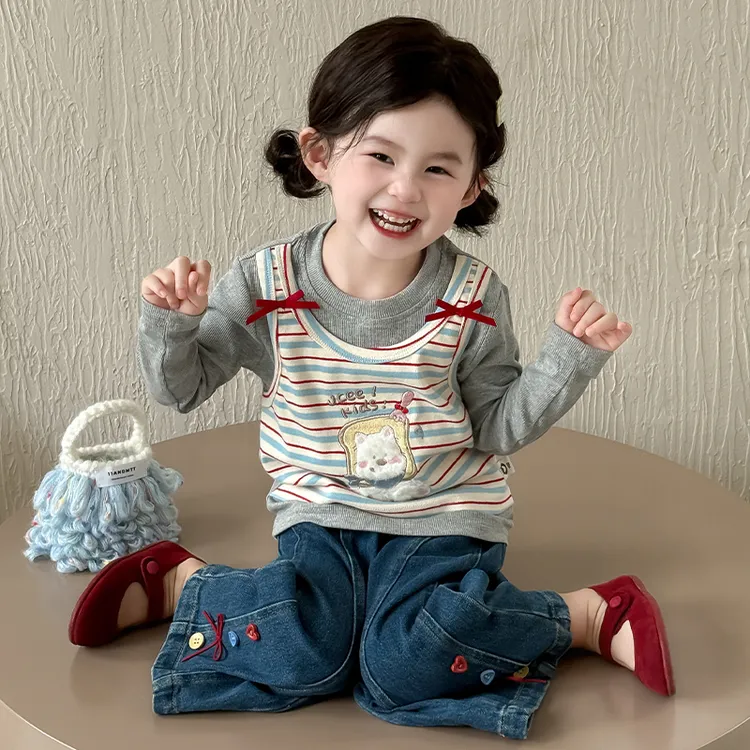 女童套装2025新款秋季可爱卡通女孩T恤牛仔裤儿童洋气宝宝两件套