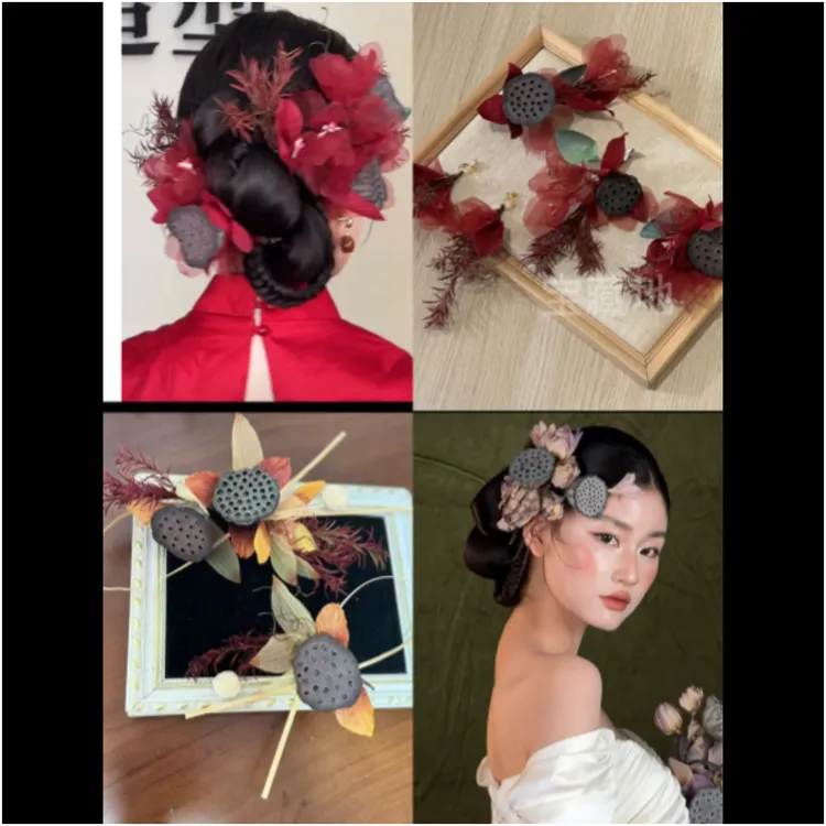 T7078新款新中式国风仿真莲蓬发夹新娘婚纱礼服头饰造型