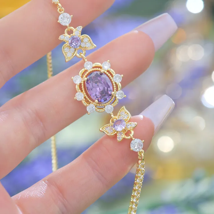 铜合金合成锆石手链 薰衣草花园闪钻手链抽拉式气质蝴蝶简约法式