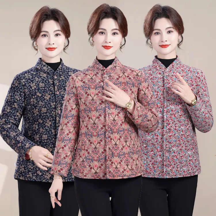 冬季长袖加厚碎花棉衣气质中老年女装妈妈装加绒常规加厚女士立领