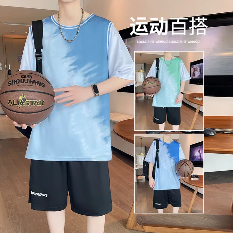 2025新款短袖假两件男生夏季休闲篮球运动服青少年篮球服套装男款
