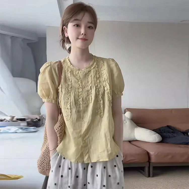 木耳边薄款通勤短袖衬衫女2025新夏季小个子纯色漂亮减龄小衫上衣