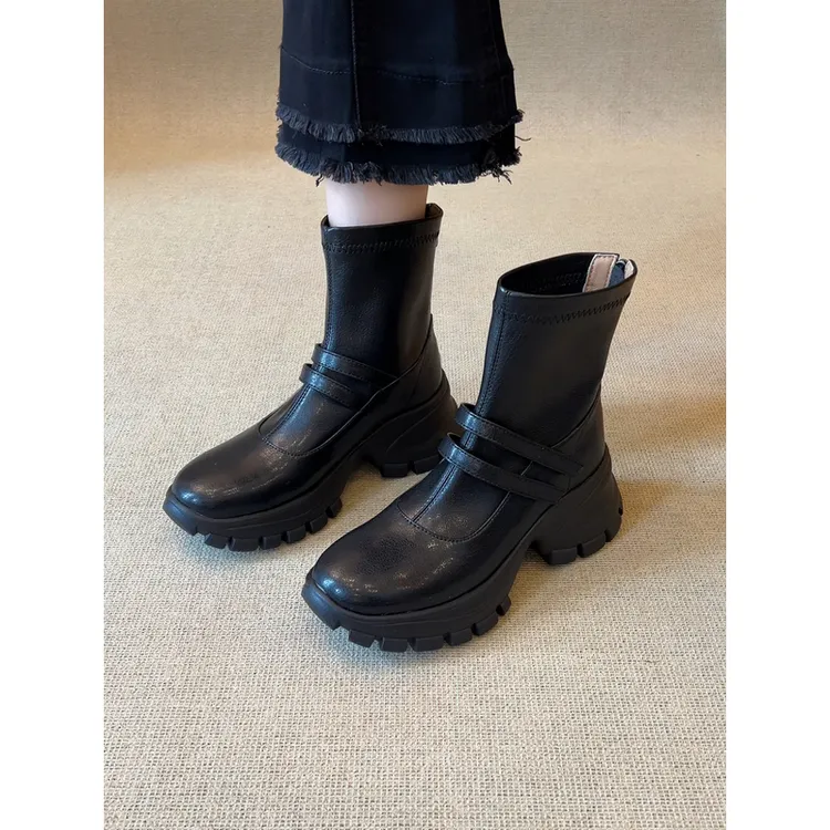 nnmiss·34-40/6cm舒适增高运动风厚底弹力瘦瘦靴百搭复古双带短靴