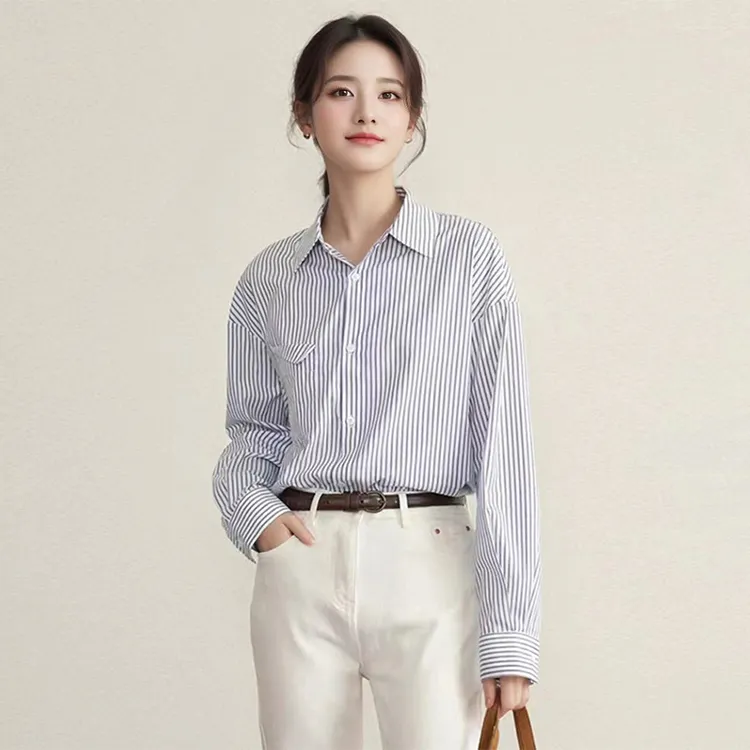 时尚蓝色条纹衬衫休闲女长袖气质宽松新款欧若风衬衣夏装通勤上衣