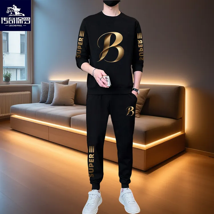 高级感秋冬男士两件套连帽圆领卫衣卫裤加绒休闲运动套装高档爆款