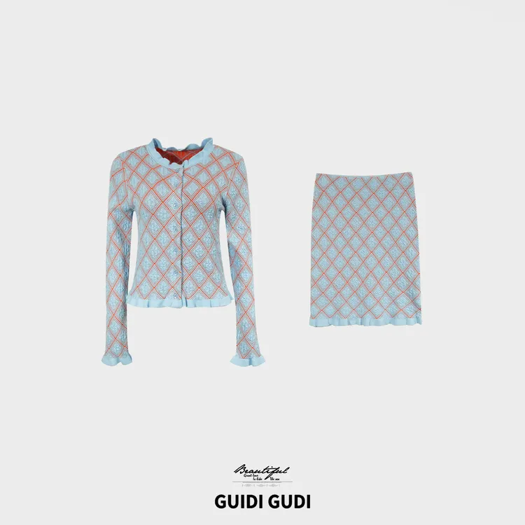 GUIDI GUDI【海洋格】设计感高级撞色菱格花边两件套套装/黄加蓝 