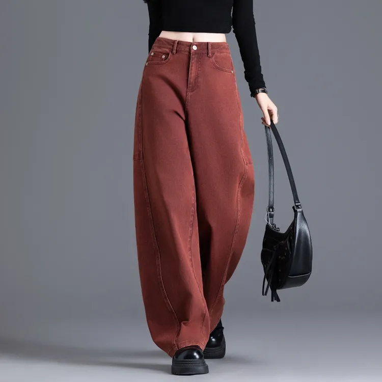 复古红色牛仔裤女2025炸街潮款裤子女士新款美式宽松秋冬季弯刀裤