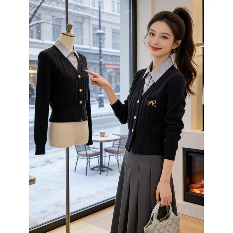 polo领假两件针织衫女士毛衣韩版春秋新款短款小个子上衣女装爆款