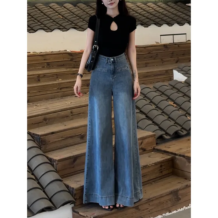 蓝色百搭阔腿牛仔裤女2025年秋季新款高腰宽松百搭显瘦垂感拖地裤