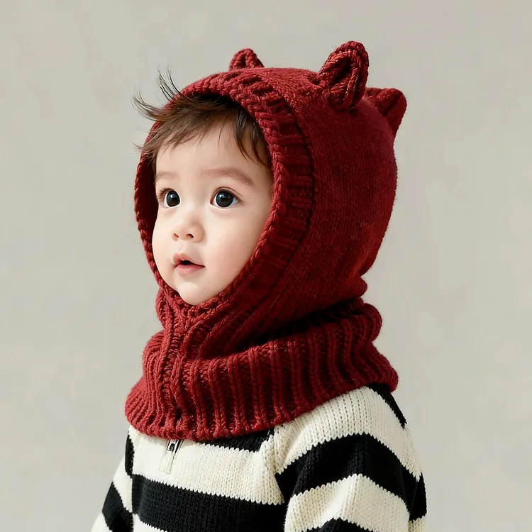 儿童可爱帽子秋冬季保暖加厚针织护耳毛线帽男婴女宝宝围脖一体帽