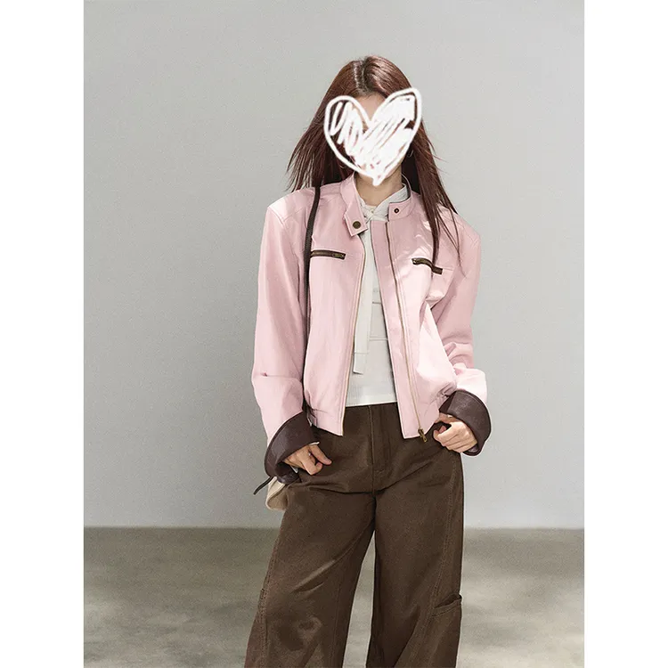 复古粉色撞色长袖皮衣外套女2025秋季新款酷飒独特超好看休闲夹克