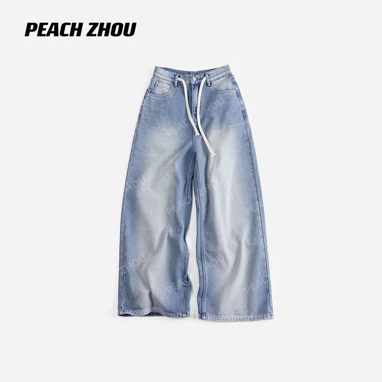 PEACHZHOU 水洗浅蓝抓绒宽松抽绳系扣牛仔裤韩系松弛休闲阔腿裤