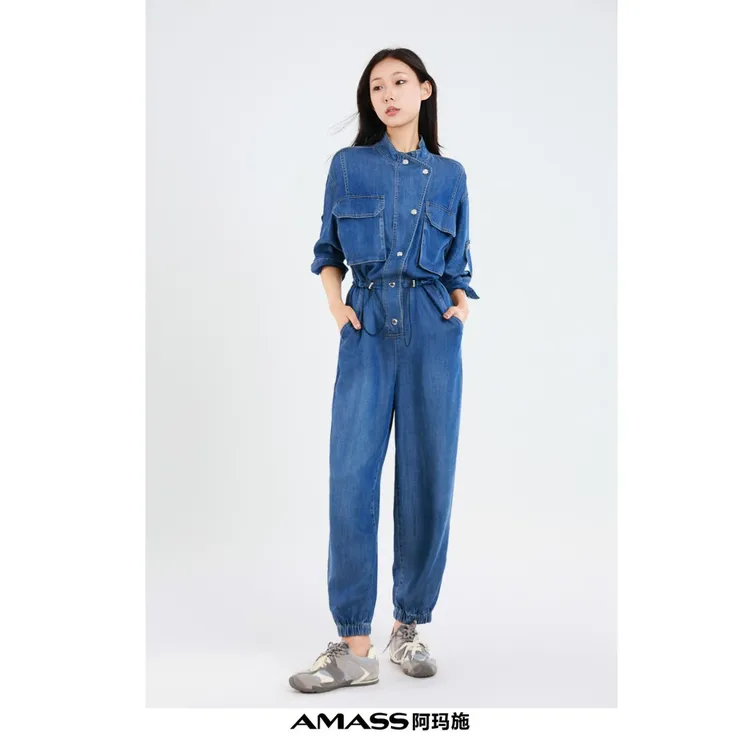 AMASS/阿玛施新款雅丹风百搭做旧减龄显瘦宽松牛仔连体裤5100495