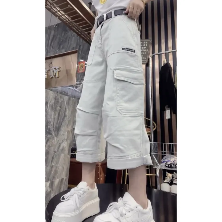 Aimeerosa/艾洛莎小个子洋气显瘦八分牛仔裤女时尚大兜个性工装裤