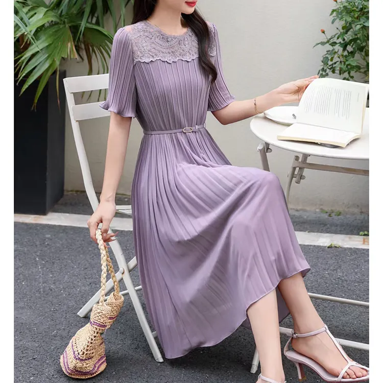 韩版圆领蕾丝拼接收腰显瘦中长款连衣裙女530-2538