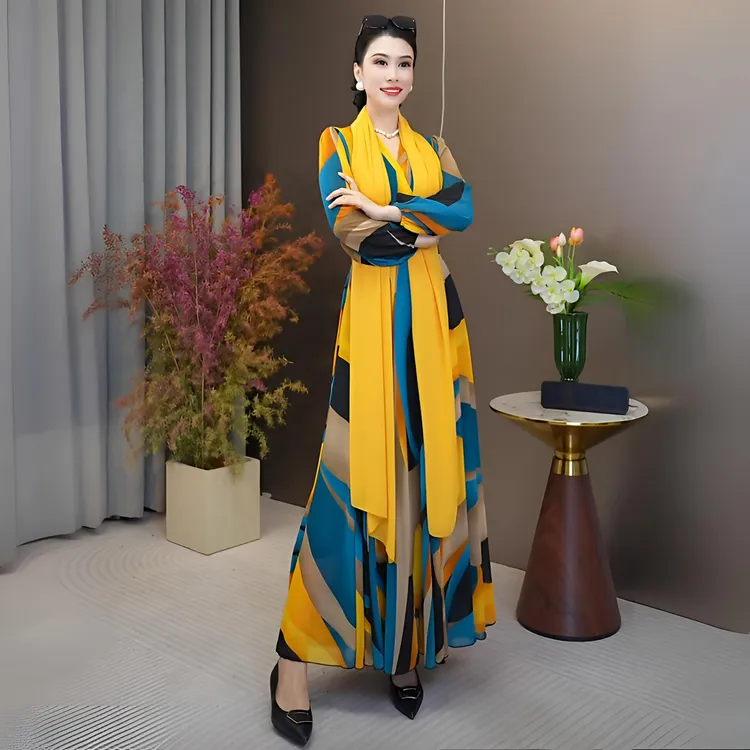 香衣丽华28A-66春秋季新款灯笼袖几何图案长款度假沙滩连衣长裙