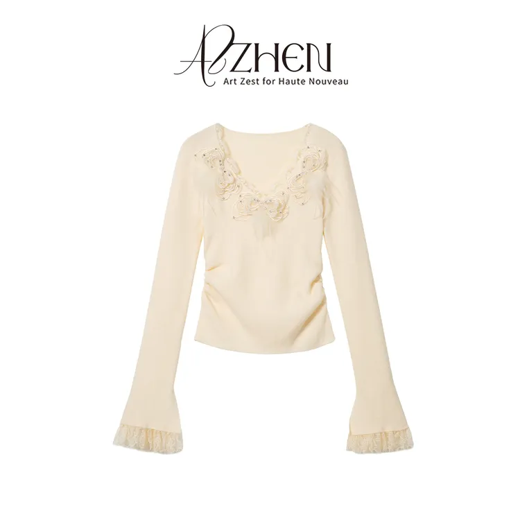 AZZHEN【初茶白月光】轻奢钉珠花朵拼接蕾丝毛衣内搭AZ4KBG23-00