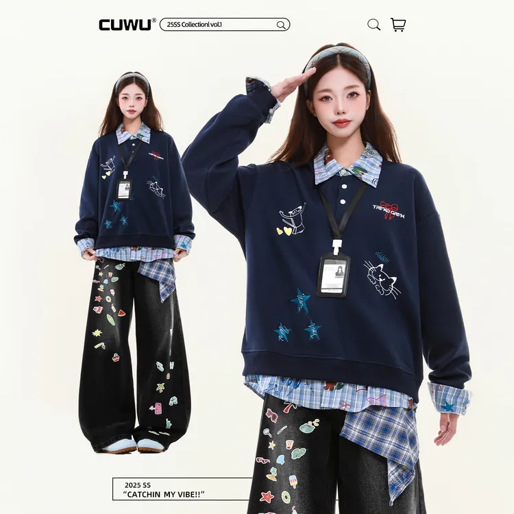 cuwu可爱小猫刺绣POLO领卫衣女男秋季宽松休闲假两件情侣套头上衣