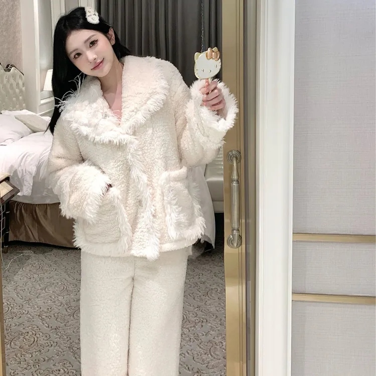 小香风韩版冬季法兰绒睡衣女加厚可外穿休闲珊瑚绒家居服套装外套