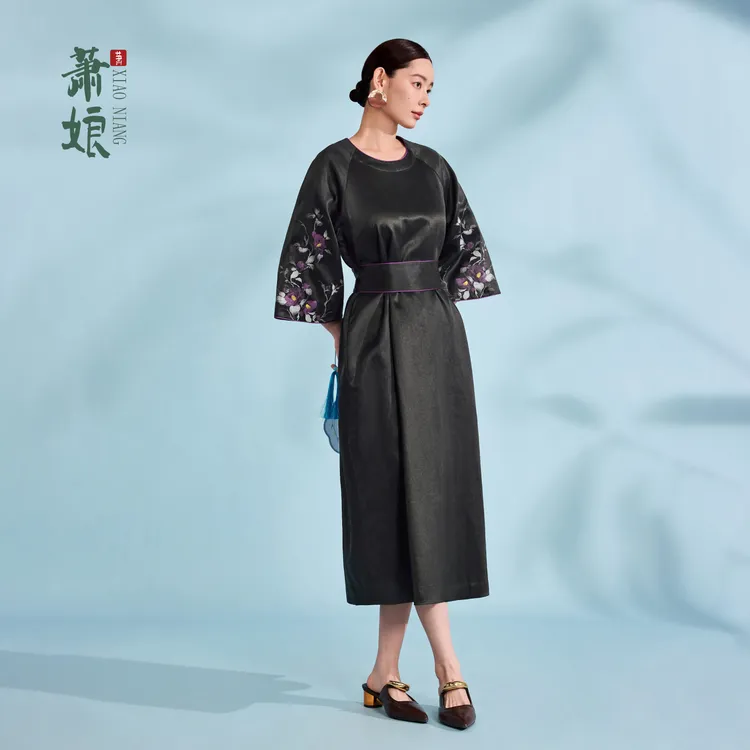 萧娘【清猗】重缎香云纱宽松连衣裙桑蚕丝宽松百搭新中式中长裙1460