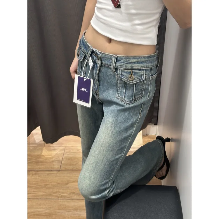 复古怀旧蓝微喇牛仔裤女2025秋季新款低腰辣妹修身显瘦弹力喇叭裤