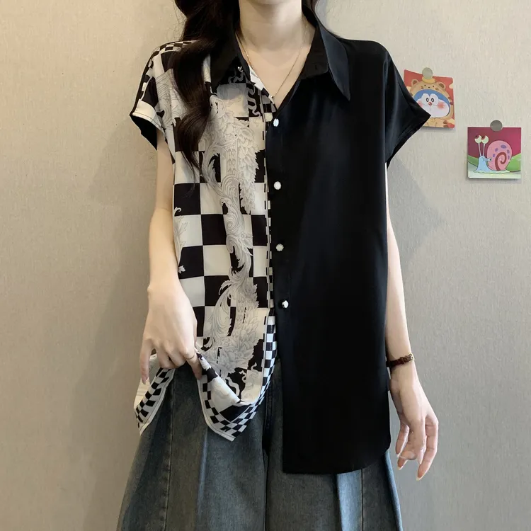 大码女装遮肚子不规则棋盘短袖衬衫女夏季胖妹妹宽松显瘦减龄上衣