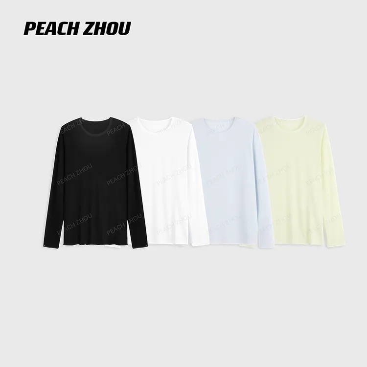 『PEACHZHOU』新疆棉针织罗纹领口卷边纯色宽松休闲圆领打底长袖T恤