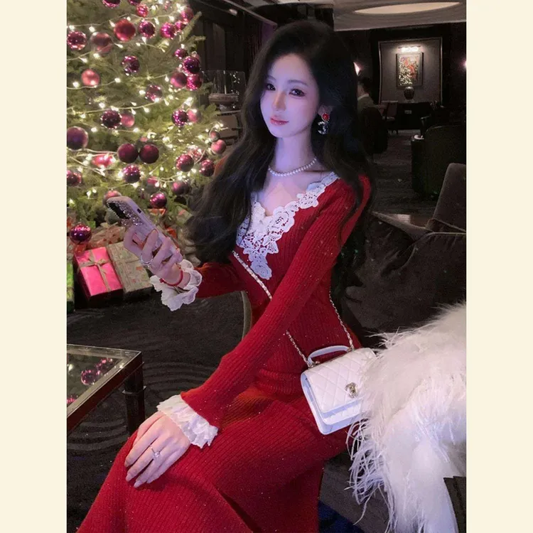 重要场合漂亮裙子高端精致高级感小香风红色圣诞针织内搭连衣裙冬