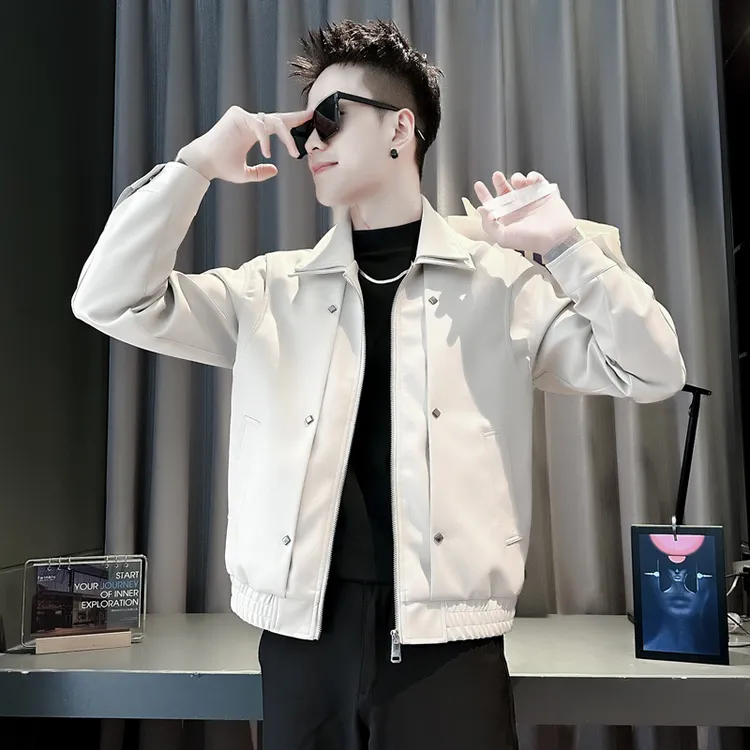 时尚潮流男士假两件皮夹克外套秋冬季新款休闲百搭修身褂子男外套